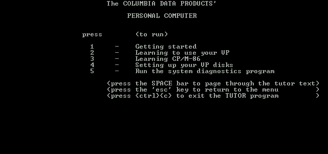 Columbia Data Products 1600 VP Tutor - Menu